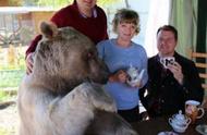 俄罗斯一对夫妇与宠物棕熊成公园焦点