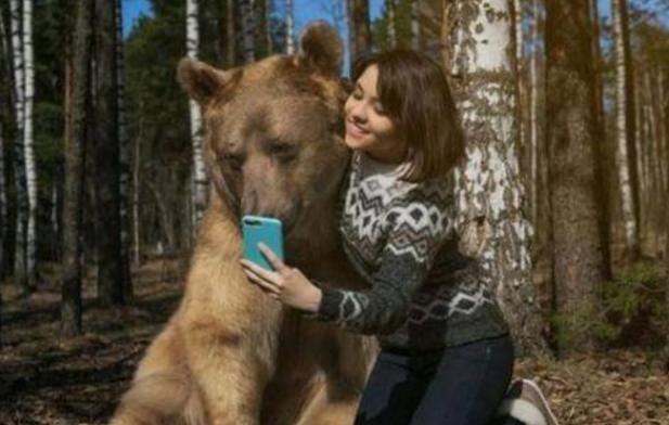 俄罗斯夫妇将棕熊当作宠物，带其逛公园回头率超高